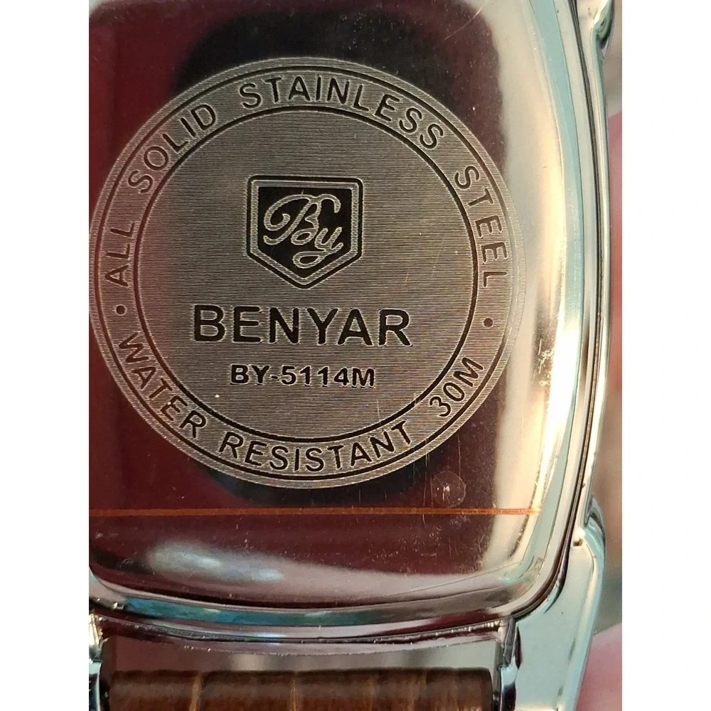 NIB BENYAR BY-5114M 41mm Mens Square Watch. Quartz Movement,Brown Leather Band.